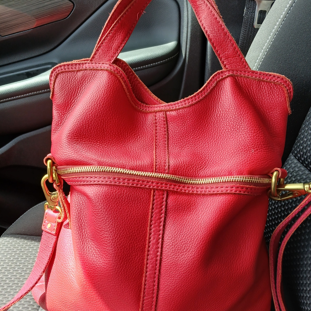 Fossil Red Leather Tote Bag with Gold Accents